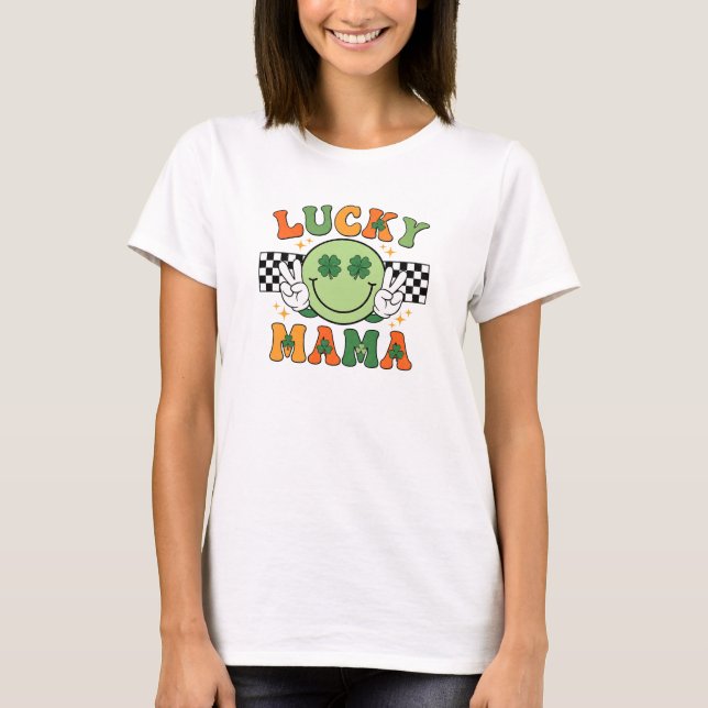 Camiseta Retro Lucky Mama Smiley Face Shamrock Art (Frente)