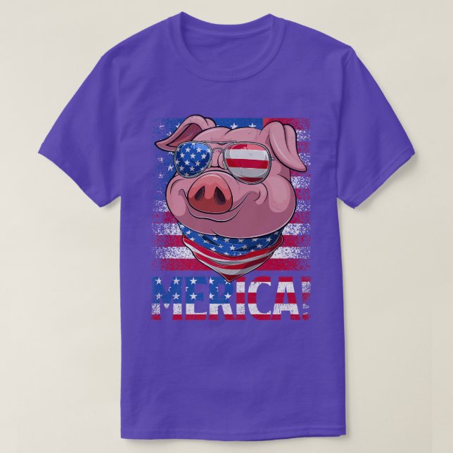 Camiseta Retro Merica Pig USA Flag Sunglasses Farmer Happy  (Frente do Design)