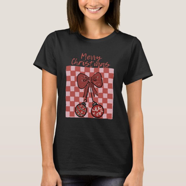 Camiseta Retro Merry Christmas Bow and Ornaments Design (Frente)