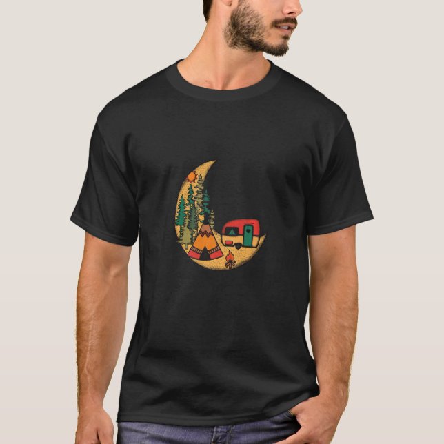 Camiseta Retro Moon Nature Trees Camping Trailer Rv (Frente)