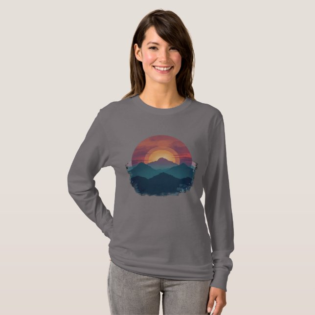 Camiseta Retro Mountain Sunset - Nature Outdoors Women's (Frente Completa)
