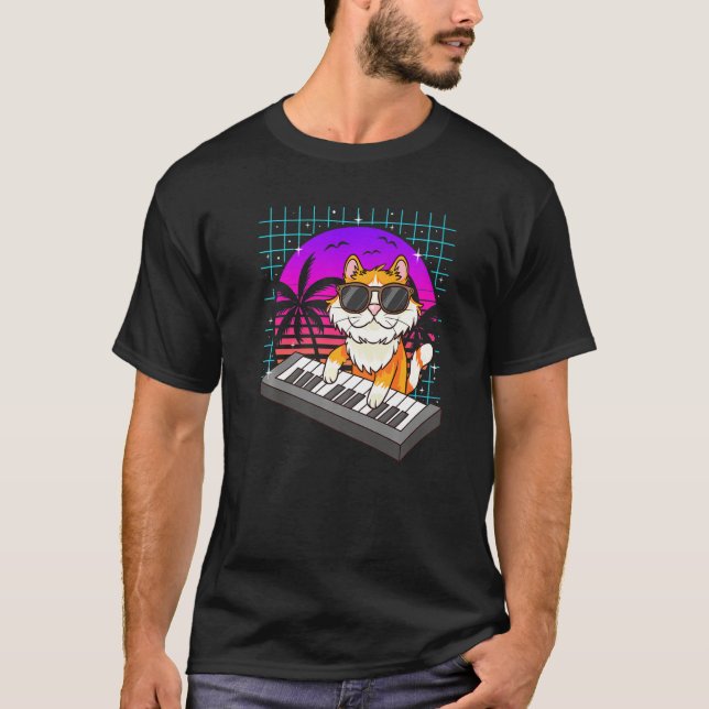 Camiseta Retro Music Cat Synthesizers Keyboard Summer Women (Frente)