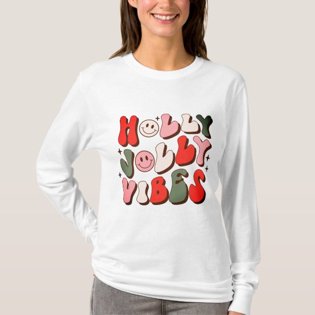 Camiseta Retro Natal Holly Jolly Vibes Feriados de Trendy (Frente)