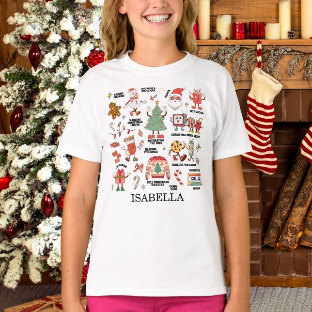 Camiseta Retro Natal Nostálgico Verde E Vermelho Meninas (Criador carregado)