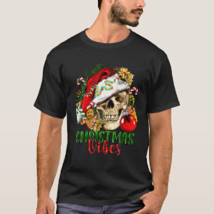 Camiseta Retro Natal Vibes Skeleton Skull Santa Hat Xma