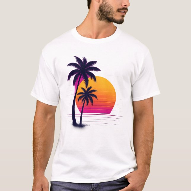 Camiseta Retro Neon Sunset Palms (Frente)