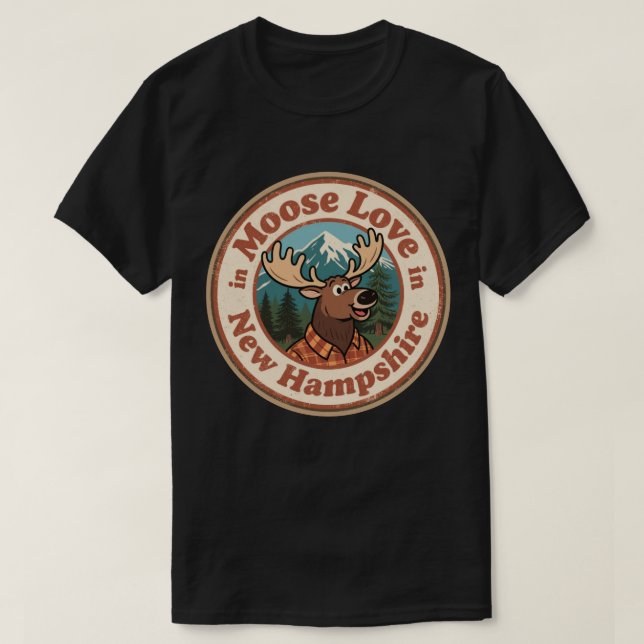 Camiseta Retro New Hampshire Crachá_ Moose with Mountain (Frente do Design)