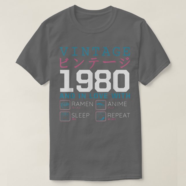 Camiseta Retro Otaku Kanji Vintage 1980 Birthday Ramen Anim (Frente do Design)