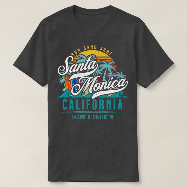 Camiseta Retro Papais noeis Monica California Sun Sand Surf (Frente do Design)
