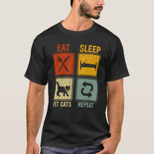 Camiseta Retrô Para Dono de Gato Comer Dormir Pet Gatos Rep