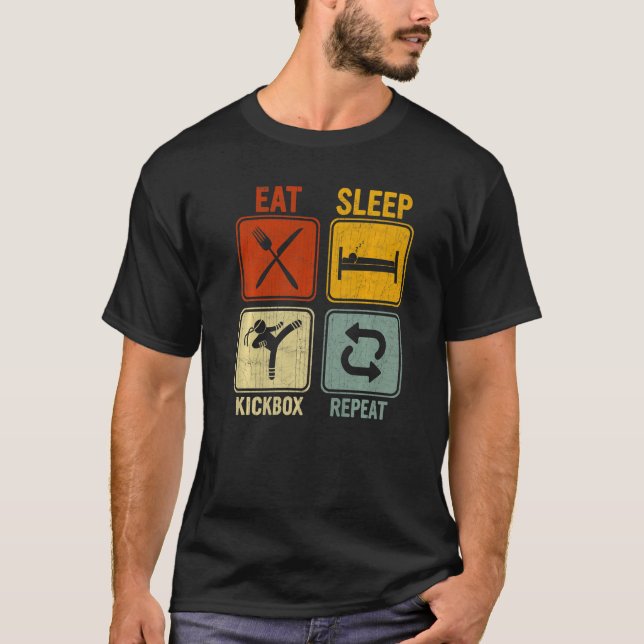 Camiseta Retro para Kickboxe Comer Caixa de Repouso Repetir (Frente)