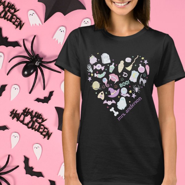 Camiseta Retro Pastel Colors I Love Halloween Teacher (Criador carregado)