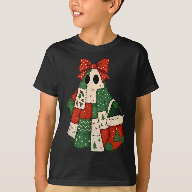 Camiseta Retro Patchwork Christmas Ghost Coquette Bow X-mas (Frente)