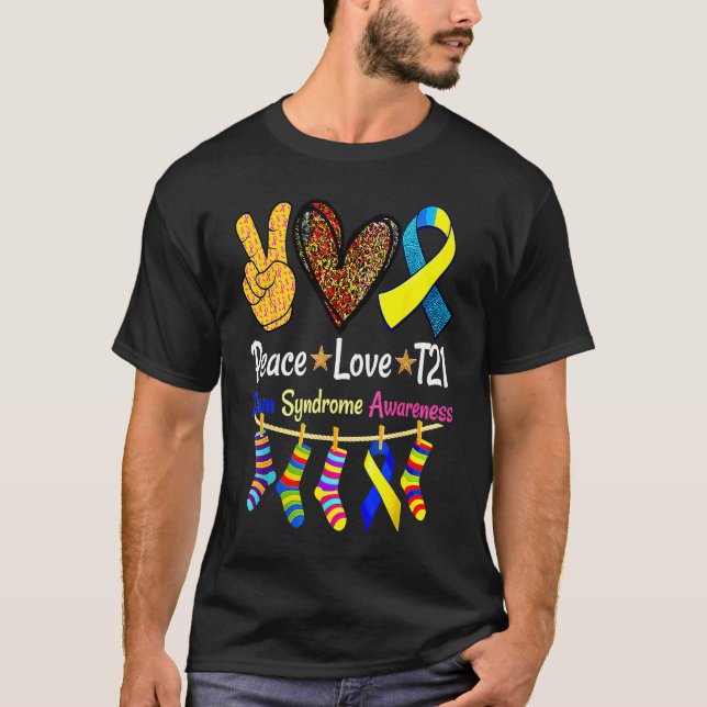 Camiseta Retro Peace Love Cure Blue World Down Syndrome Awa (Frente)