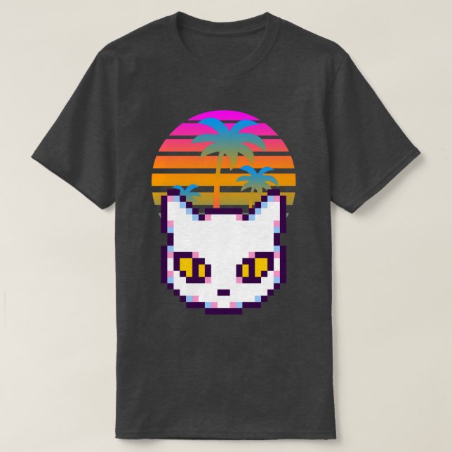 Camiseta Retro Pixel Kitty Cat Palm Trees Sunset (Frente do Design)
