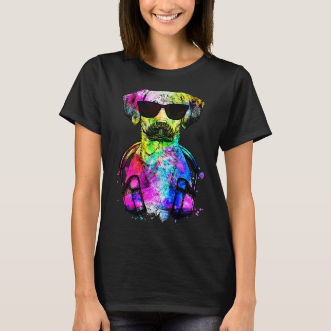 Camiseta Retro Pop Black Mouth Cur Dog Portrait with Headph (Frente)