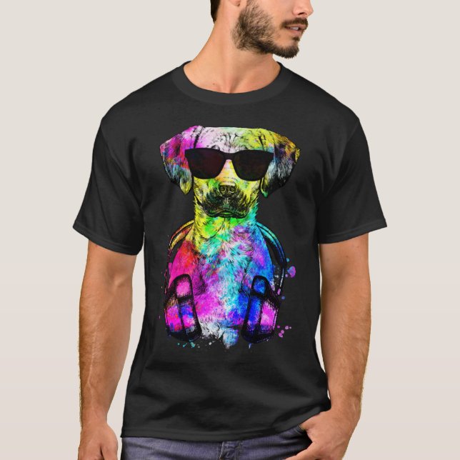 Camiseta Retro Pop Black Mouth Cur Dog Portrait with Headph (Frente)