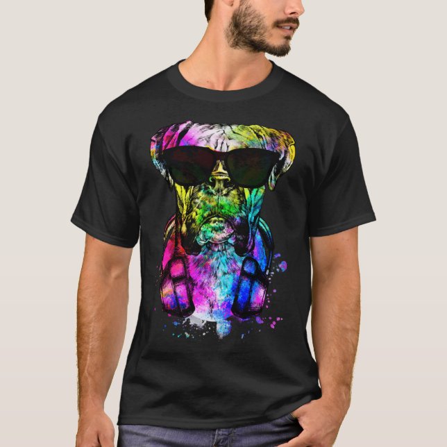 Camiseta Retro Pop Boxer Dog Retrat com Fones de ouvido (Frente)