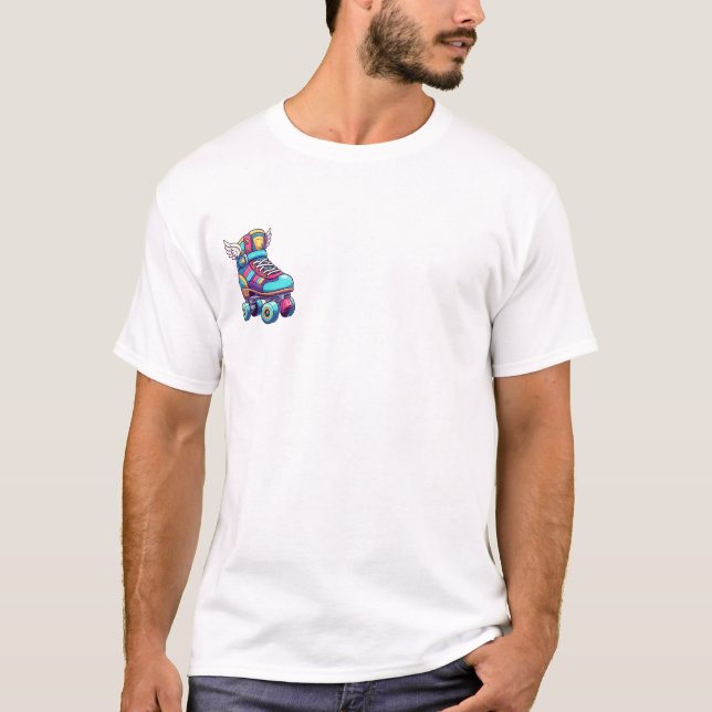 Camiseta Retro-Pop Winged Roller Skate with Vibrant Neon (Frente)