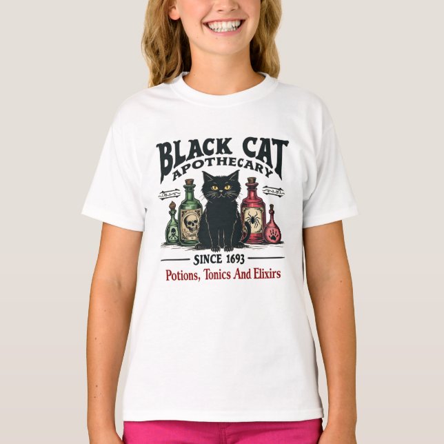 Camiseta Retro Preto Assustador Gato-Apoteário Witchy Wicca (Frente)