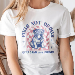 Camiseta Retro 'Pugs Not Drug' Bublegum Rosa e Azul Diversã