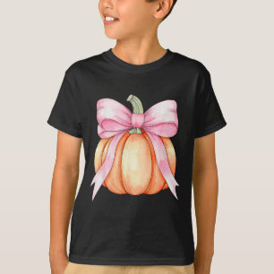 Camiseta Retro Pumpkin Coquette Laço Rosa Halloween Outono