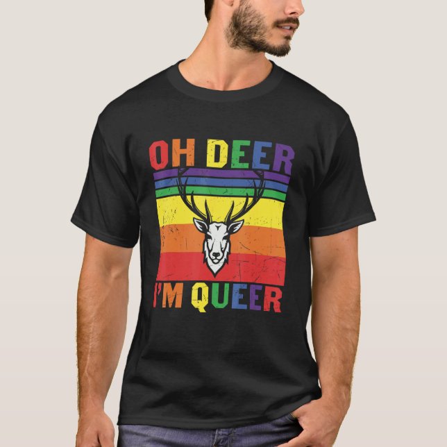 Camiseta Retro Rainbow Oh Deer I'm Queer Lesbian Gay Lgbt (Frente)