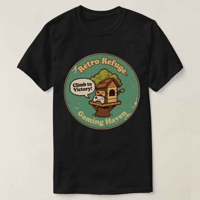 Camiseta Retro Refuge Gaming Haven Pixel Treehouse (Frente do Design)