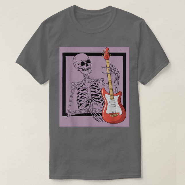 Camiseta Retro Rock & Roll Skeleton Guitar Player Figura Mu (Frente do Design)