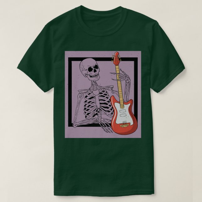 Camiseta Retro Rock & Roll Skeleton Guitar Player Figura Mu (Frente do Design)