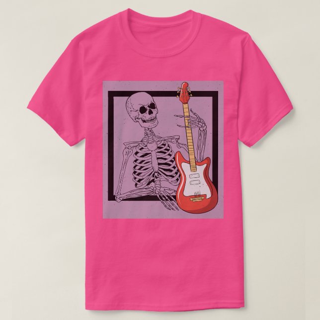 Camiseta Retro Rock & Roll Skeleton Guitar Player Figura Mu (Frente do Design)