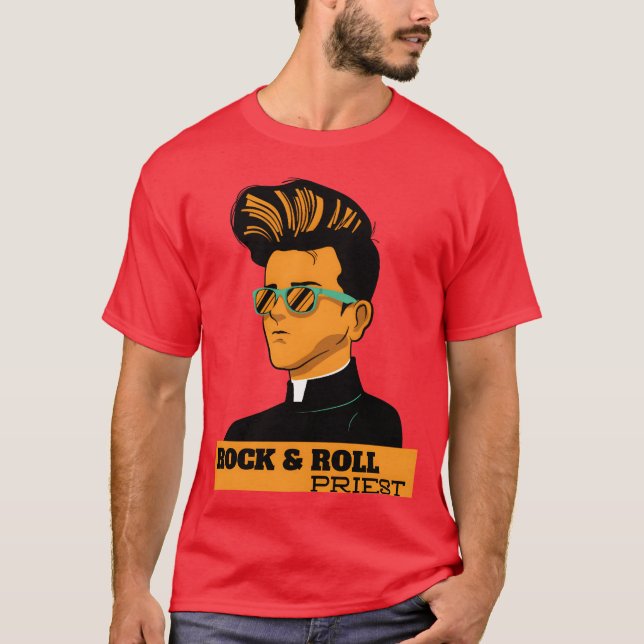 Camiseta retro rock t shirt design Rock and roll priest fam (Frente)