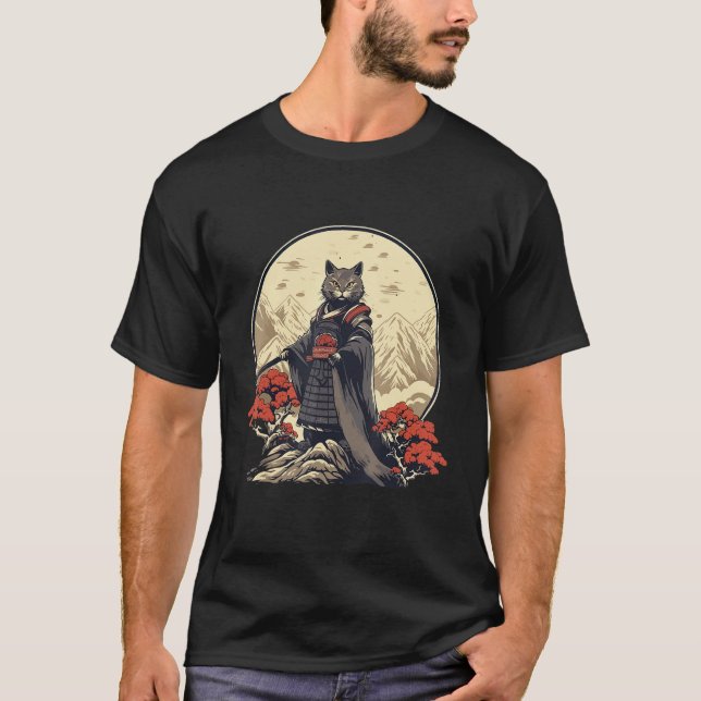 Camiseta Retro Samurai Cat  Japanese Inspired Cat (Frente)