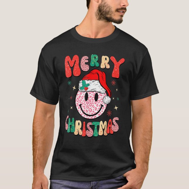 Camiseta Retro Santa Hat Leopard Smile Face Merry Christmas (Frente)