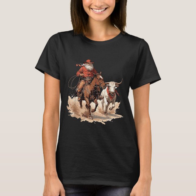 Camiseta Retro Santa Rodeo Reindeer Cowboy Western Horse Hi (Frente)