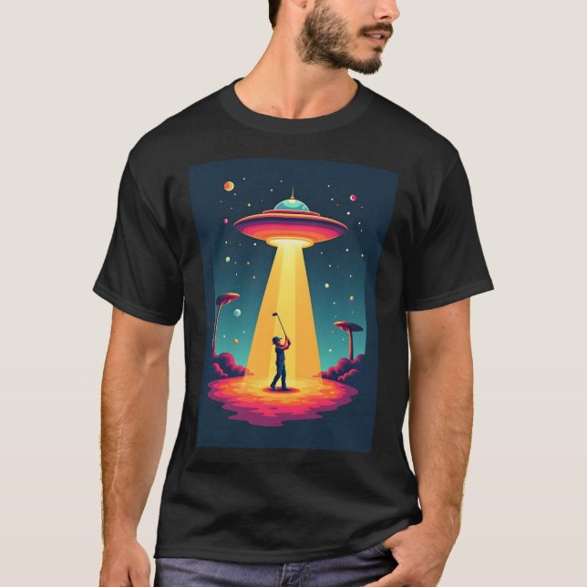 Camiseta Retro Sci Fi Cartoon Navio Foguete e Golfer (Frente)