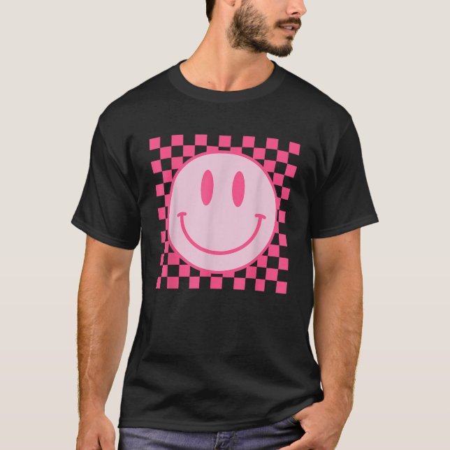 Camiseta Retro Smile Face Checkered Pattern Preppy Aestheti (Frente)