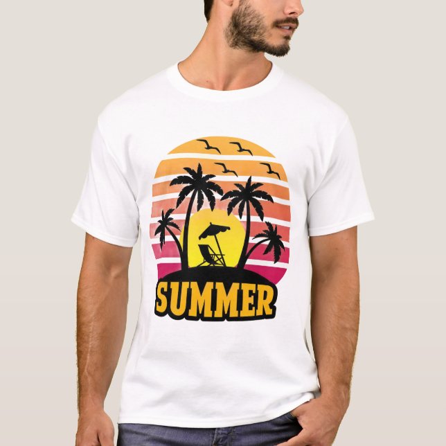 Camiseta Retro Summer Vibes T-Shirt - Palm Tree Sunset Beac (Frente)