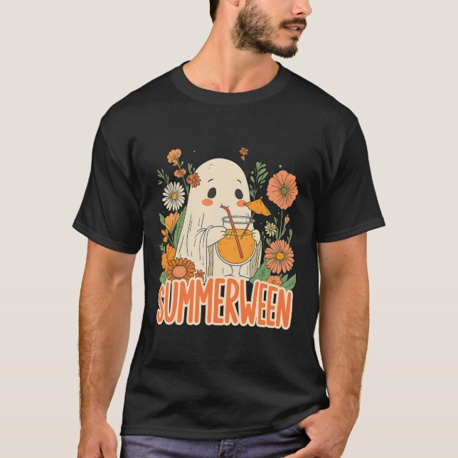 Camiseta Retro Summerween Ghost Boho Floral Summer Hallowee (Frente)