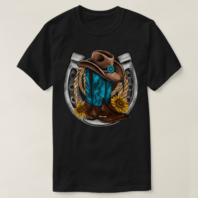 Camiseta Retro Sunflower Horseshoe Cowgirl Boots Hat Rope W (Frente do Design)