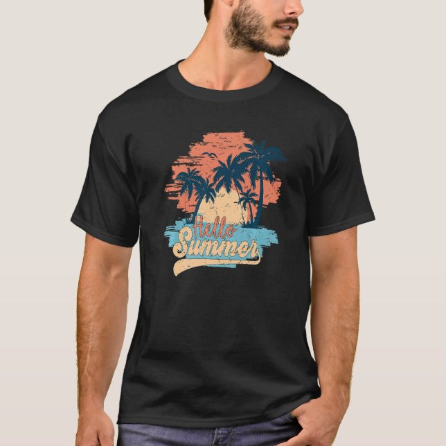 Camiseta Retro Sunset Beach Palms Hello Summer Paradise Bea (Frente)
