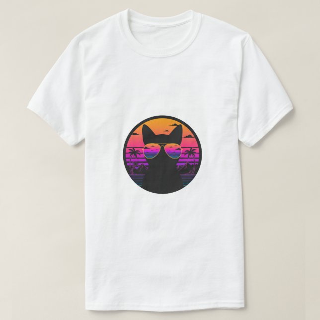 Camiseta Retro Sunset Cat Aviator Sunglasses Vaporwave  (Frente do Design)