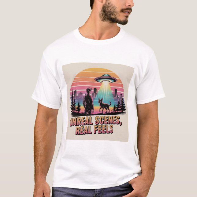 Camiseta Retro Sunset UFO Abduction Dog Owner Sci-Fi Art (Frente)
