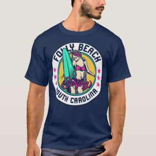Camiseta Retro Surfer Babe Crachá Folly Beach South olina