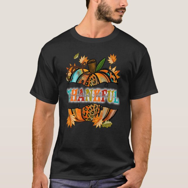 Camiseta Retro Thankful Grateful Blessed Pumpkin Fall (Frente)