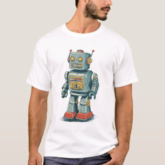 Camiseta Retro Tin Robot — 1950s Cartoon Mech with Red Boot