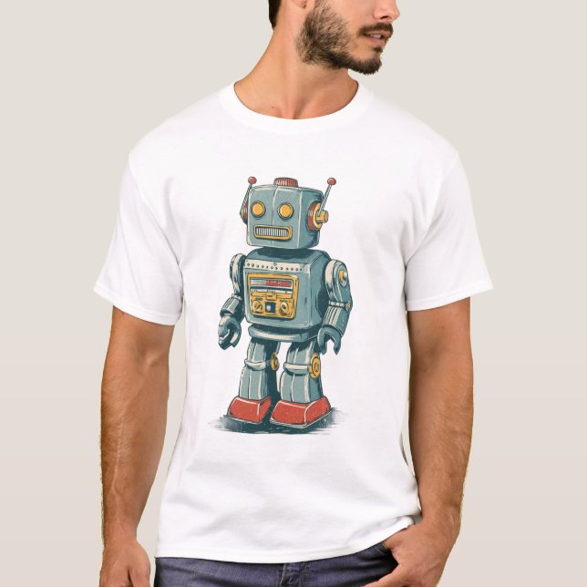 Camiseta Retro Tin Robot — 1950s Cartoon Mech with Red Boot (Frente)