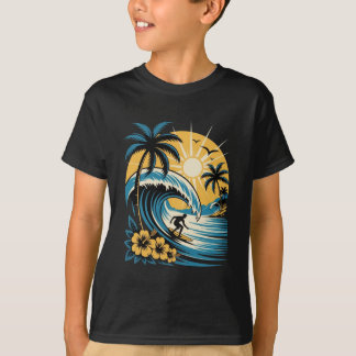 Camiseta Retro Tropical Surfer Vintage Sunset Wave Hibiscus
