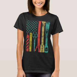 Camiseta Retro Vintage EUA Flag Barbershop Barber Tools Hai