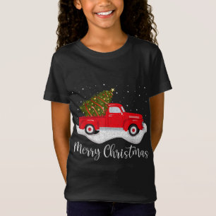 Camiseta Retro Wagon Merry Christmas Tree on Car Xmas red T